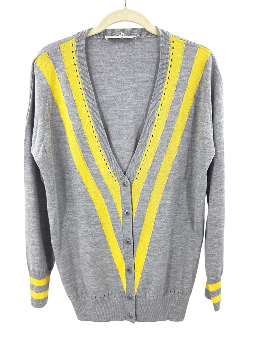 Trina Turk Merino Wool Varsity Preppy Cardigan Sweater Size Medium Grey Yellow